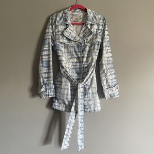 Weather Tamer Womens Blue & White Loose Plaid Trench Coat L Rain Coat Belted